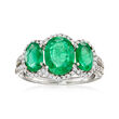 3.30 ct. t.w. Emerald and .35 ct. t.w. Diamond Three-Stone Ring in 14kt White Gold
