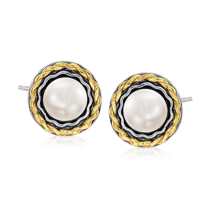 8mm Cultured Pearl Stud Earrings in Sterling Silver and 14kt Yellow Gold