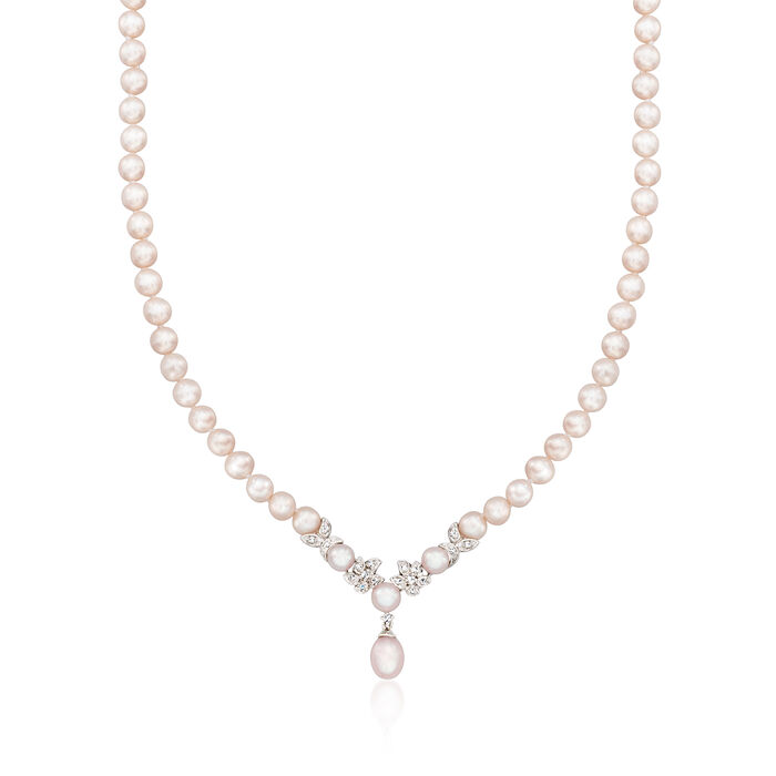 C. 1990 Vintage 5.5-8mm Cultured Pearl and .25 ct. t.w. Diamond Flower Necklace in 14kt White Gold
