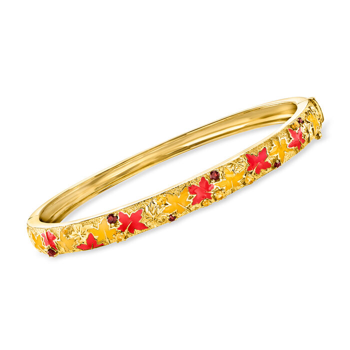 .10 ct. t.w. Citrine and .10 ct. t.w. Garnet Bangle Bracelet with Multicolored Enamel Leaves in 18kt Gold Over Sterling