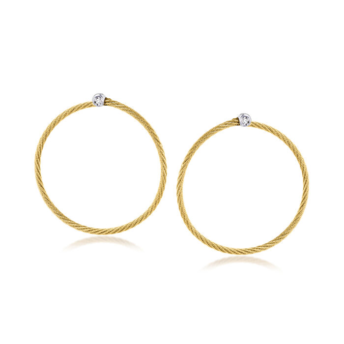 ALOR Yellow Stainless Steel Cable Hoop Earrings with Diamond Accents in 18kt White Gold