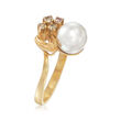 C. 1980 Vintage 7mm Cultured Pearl Ring and .12 ct. t.w. Pink and Cognac Diamond Cluster Ring in 14kt Yellow Gold