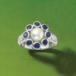 6.5-7mm Cultured Pearl and 1.60 ct. t.w.  Sapphire Flower Ring with .10 ct. t.w. White Topaz in Sterling Silver