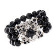 2-12mm Black Onyx and .10 ct. t.w. CZ Floral Stretch Bracelet in Sterling Silver