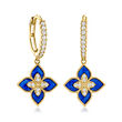 .30 ct. t.w. CZ and Blue Enamel Flower Hoop Drop Earrings in 14kt Yellow Gold