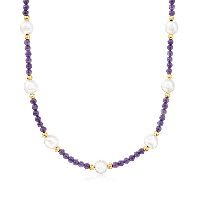 8-10mm Cultured Pearl and 30.00 ct. t.w. Amethyst Bead Necklace in 14kt Yellow Gold