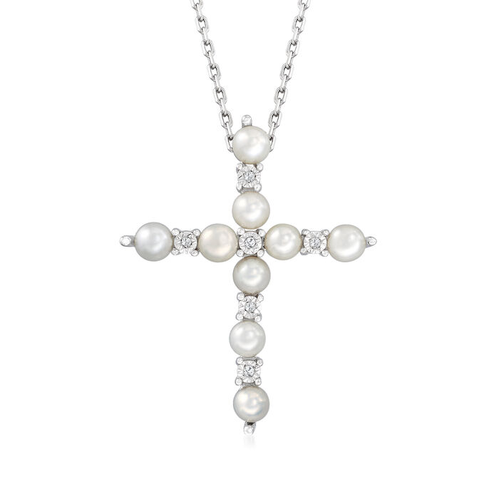 3mm Cultured Pearl Cross Pendant Necklace with Diamond Accents in Sterling Silver