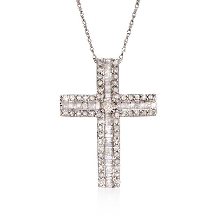 1.08 ct. t.w. Baguette and Round Diamond Cross Necklace in Sterling Silver
