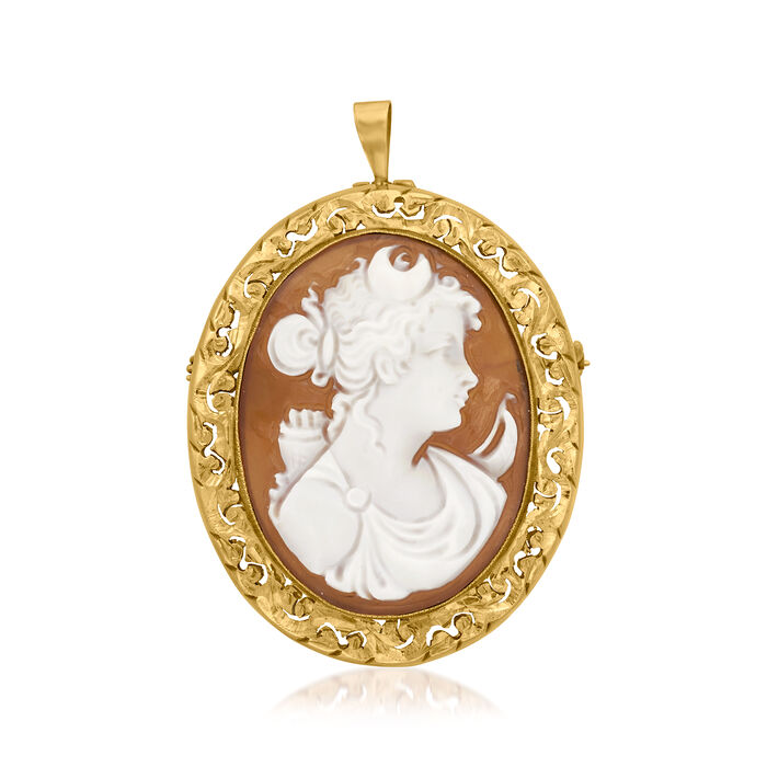 C. 1980 Vintage Brown Shell Cameo Pin/Pendant in 18kt Yellow Gold