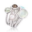 Green Multi-Stone and 6mm Black and White Cultured Pearl Jewelry Set: Five Rings in Sterling Silver