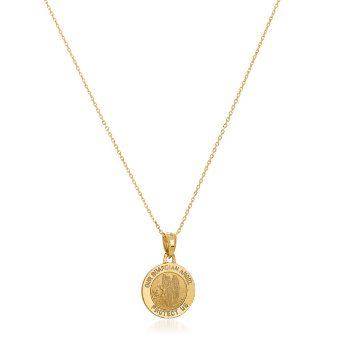 14kt Yellow Gold Guardian Angel Medal Pendant Necklace