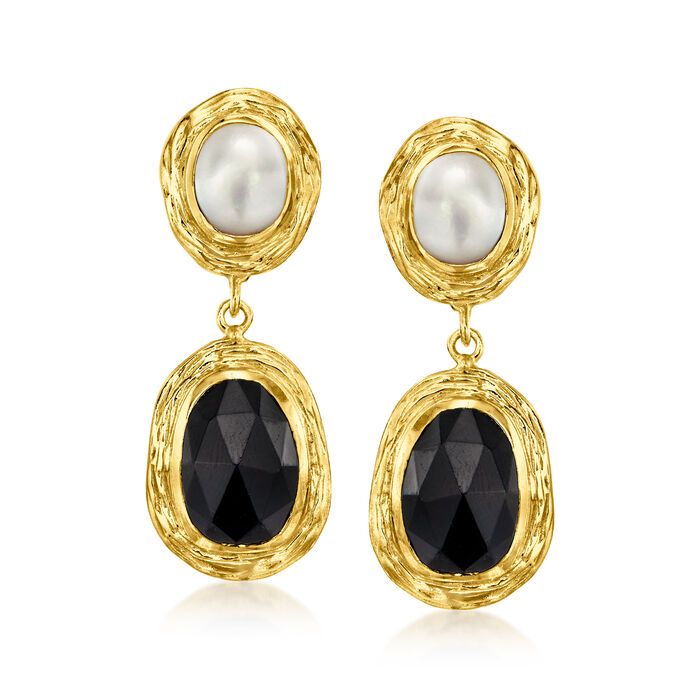 Onyx and 7x9mm Cultured Pearl Drop Earrings in 18kt Gold Over Sterling