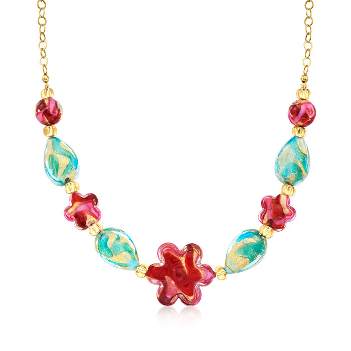 Italian Floral Multicolored Murano Glass Bead Necklace in 18kt Gold Over Sterling