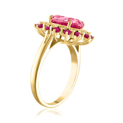 3.10 Carat Pink Topaz Ring with .50 ct. t.w. Rubies and Diamond Accents in 18kt Gold Over Sterling