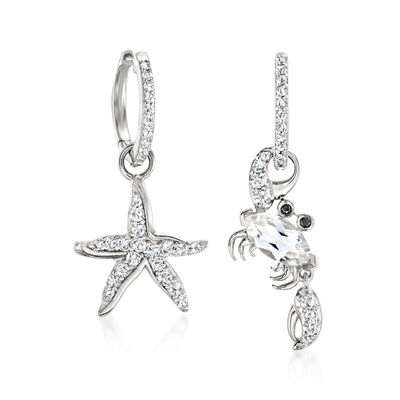 2.20 ct. t.w. White Topaz Starfish and Crab Mismatched Drop Earrings with Black Spinel Accents in Sterling Silver