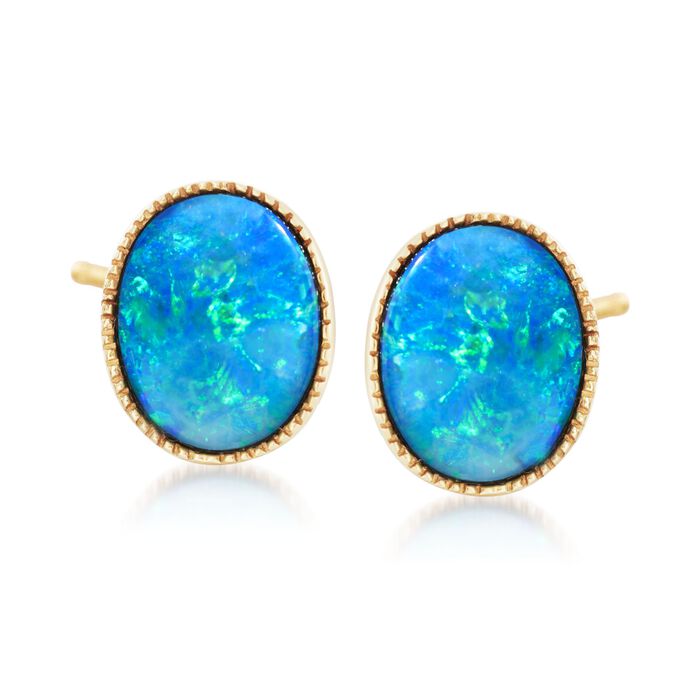 Blue Opal Doublet Stud Earrings in 14kt Yellow Gold