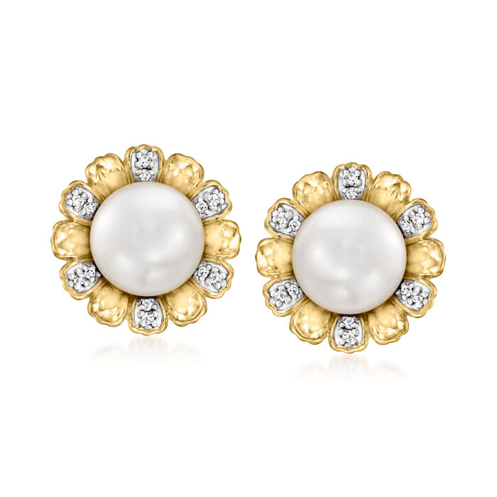 7.5-8mm Cultured Pearl Flower Earrings with Diamond Accents in 18kt Gold Over Sterling
