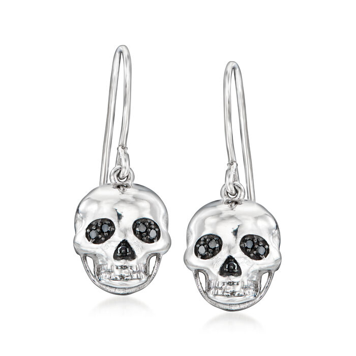 Black Diamond-Accented Skull Drop Earrings in Sterling Silver