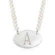3-4mm Cultured Pearl Personalized Oval Disc Necklace in Sterling Silver