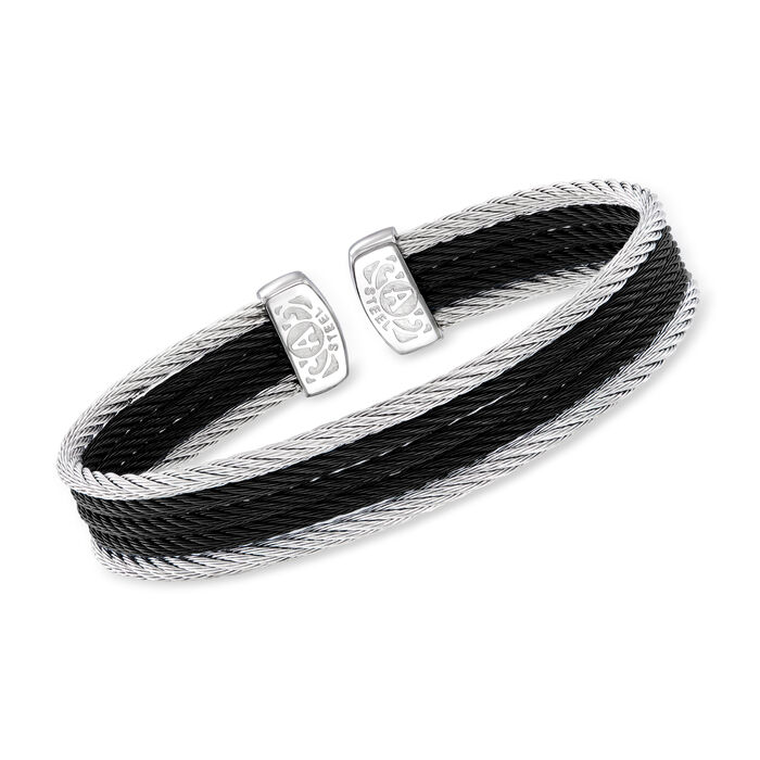ALOR &quot;Noir&quot; Black and Gray Stainless Steel Cable Cuff Bracelet