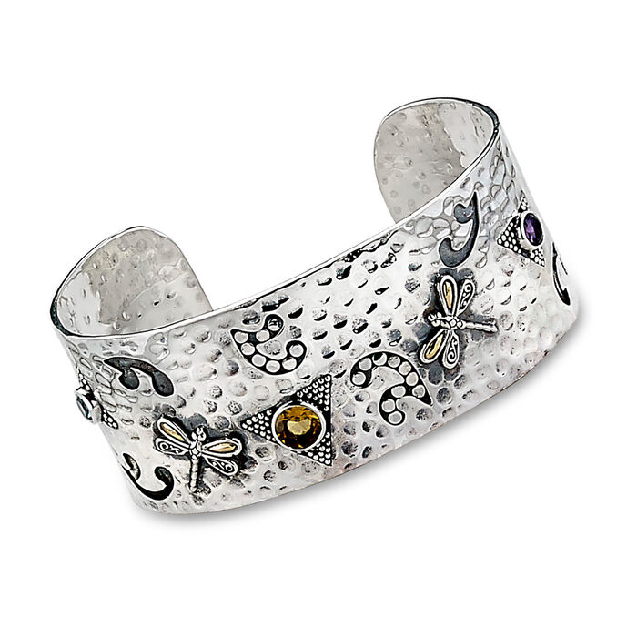 3.00 ct. t.w. Multi-Gemstone Bali-Style Dragonfly Cuff Bracelet in Sterling Silver with 18kt Yellow Gold