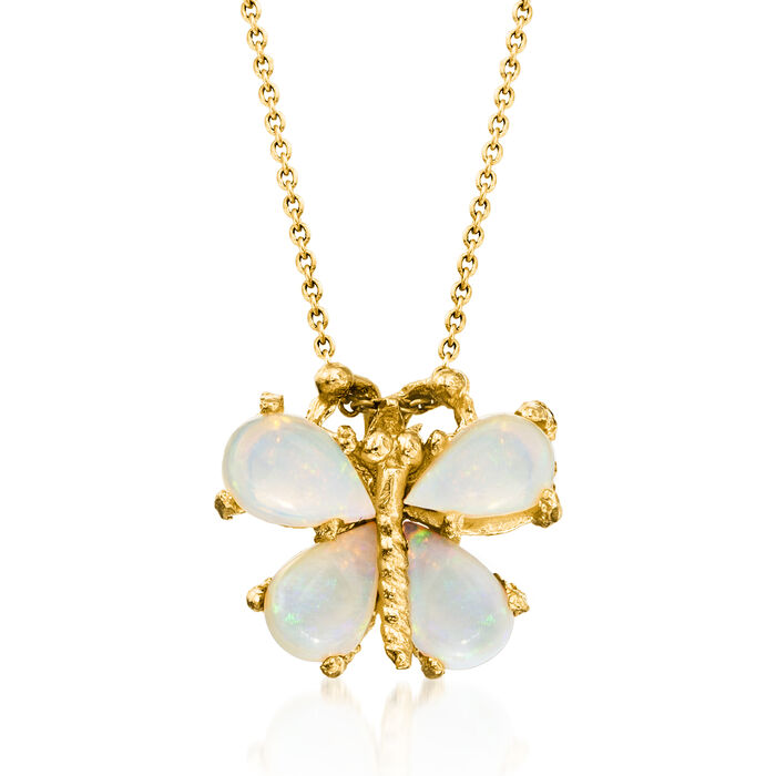 C. 1970 Vintage Opal Butterfly Pendant Necklace in 14kt Yellow Gold