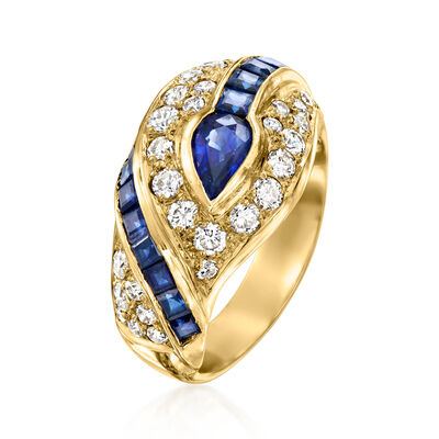 C. 1980 Vintage 1.56 ct. t.w. Sapphire and .78 ct. t.w. Diamond Twisted Ring in 18kt Yellow Gold