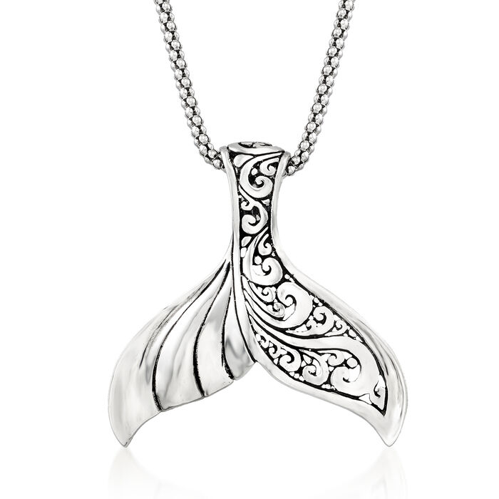 Sterling Silver Bali-Style Whale Tail Pendant Necklace