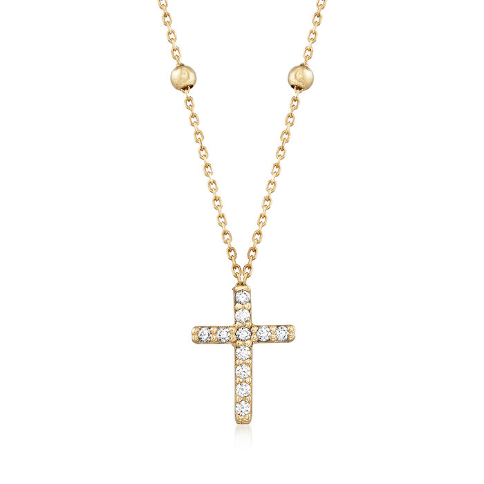 Italian .10 ct. t.w. CZ Cross and Station Bead Necklace in 14kt Gold