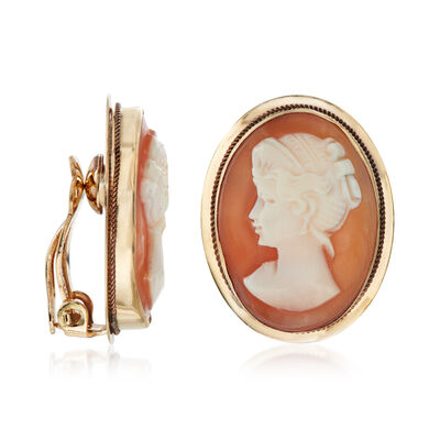 C. 1970 Vintage Orange Shell Cameo Clip-On Earrings in 14kt Yellow Gold