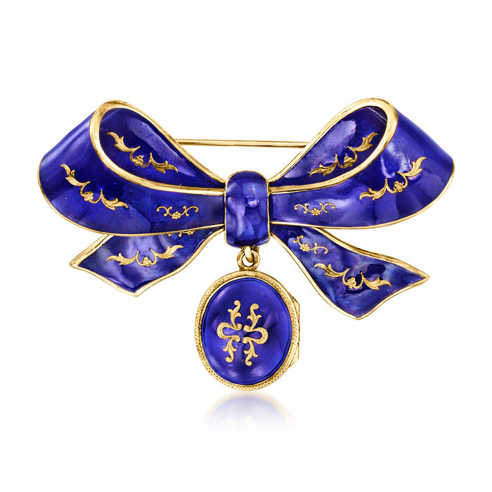 C. 1930 Vintage Blue Enamel Bow Pin/Pendant with Locket in 18kt Yellow Gold