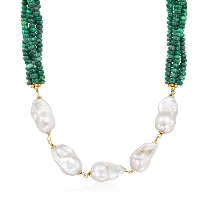 24x13mm Cultured Baroque Pearl and 190.00 ct. t.w. Emerald Bead Necklace in 18kt Gold Over Sterling