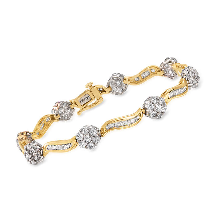 C. 1980 Vintage 4.00 ct. t.w. Baguette and Round Diamond Flower Bracelet in 14kt Yellow Gold