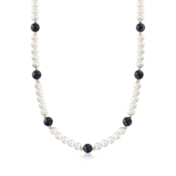6.5-7mm Cultured Pearl and 8mm Black Onyx Bead Necklace with 14kt Yellow Gold