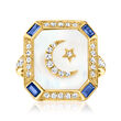 Mother-of-Pearl, .42 ct. t.w. Diamond and .40 ct. t.w. Sapphire Moon and Star Ring in 14kt Yellow Gold