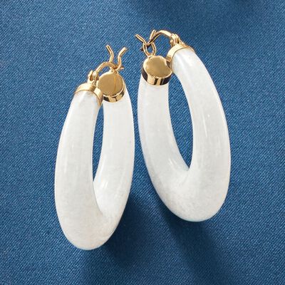 White Kunlun Jade Hoop Earrings in 14kt Yellow Gold