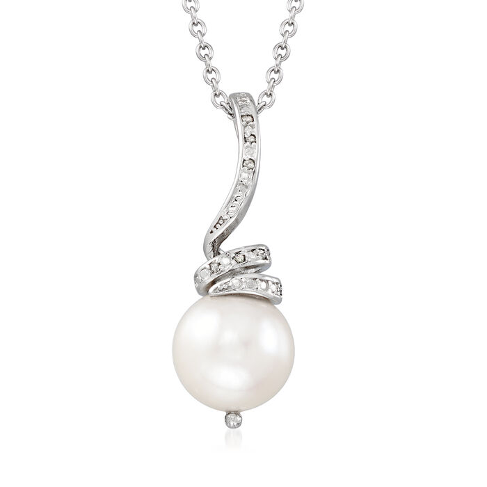 10-11mm Cultured Pearl Pendant Necklace with Diamond Accents in Sterling Silver