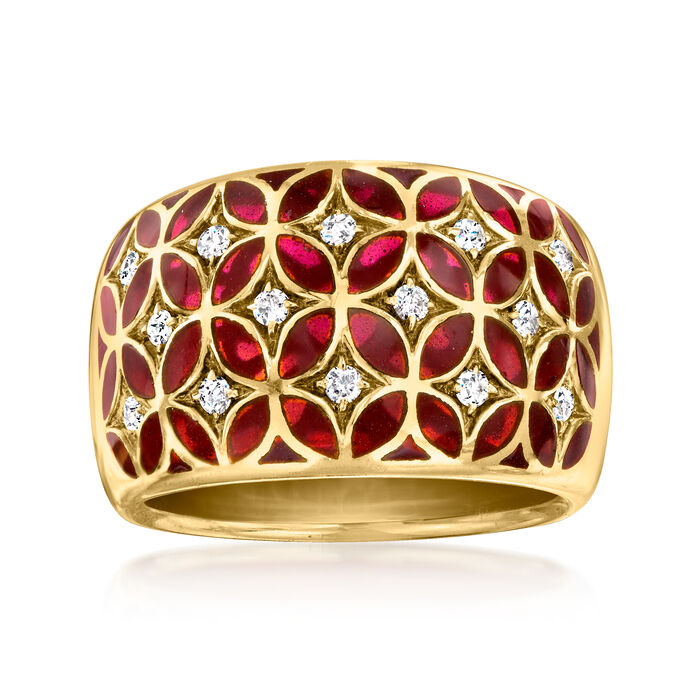 C. 1980 Vintage Red Enamel and .35 ct. t.w. Diamond Ring in 18kt Yellow Gold