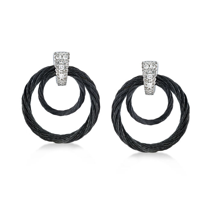 ALOR &quot;Classique&quot; Black Stainless Steel Cable Earrings with Diamond Accents and 18kt White Gold  