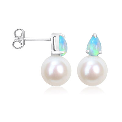 8.5-9mm Cultured Pearl and Opal Earrings in Sterling Silver