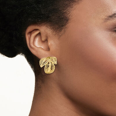 18kt Gold Over Sterling Filigree Leaf C-Hoop Earrings