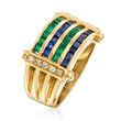 C. 1980 Vintage 1.30 ct. t.w. Sapphire, 1.10 ct. t.w. Emerald and .14 ct. t.w. Diamond Multi-Row Ring in 18kt Yellow Gold
