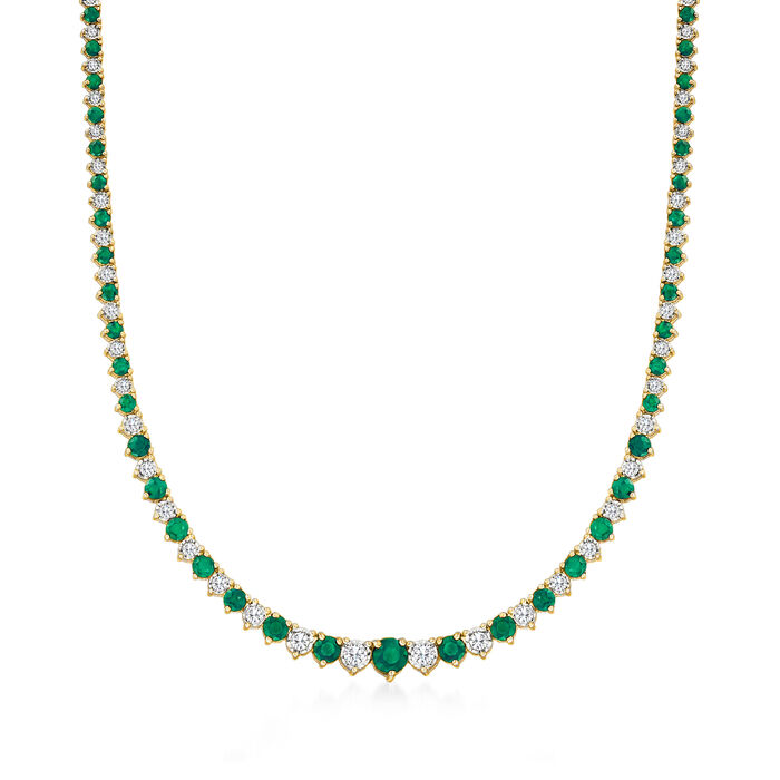 6.50 ct. t.w. Emerald and 1.50 ct. t.w. Diamond Tennis Necklace in 18kt Gold Over Sterling