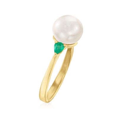 8mm Cultured Pearl and .20 ct. t.w. Emerald Ring in 18kt Gold Over Sterling