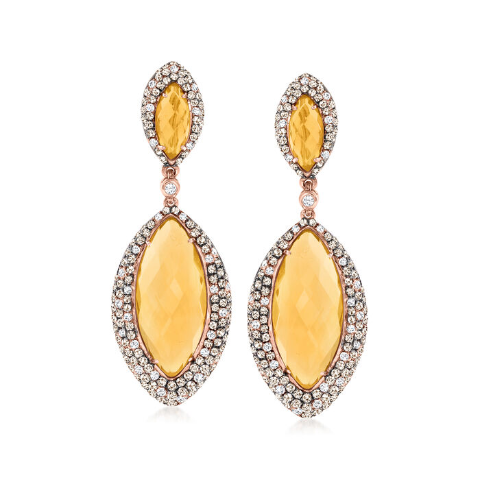 14.00 ct. t.w. Citrine and 2.50 ct. t.w. Brown and White Diamond Drop Earrings in 18kt Rose Gold