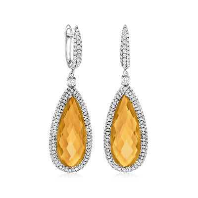 13.00 ct. t.w. Citrine and 1.70 ct. t.w. Diamond Drop Earrings in 14kt White Gold