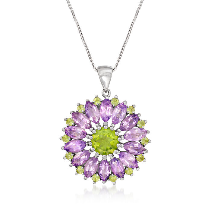 2.80 ct. t.w. Amethyst and 2.10 ct. t.w. Peridot Flower Pendant Necklace in Sterling Silver