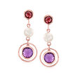 6-6.5mm Cultured Pearl and 3.60 ct. t.w. Multi-Gem Drop Earrings in 14kt Rose Gold