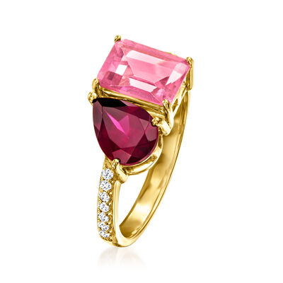 2.00 Carat Pink Topaz and 1.40 Carat Rhodolite Garnet Toi et Moi Ring with .10 ct. t.w. White Topaz in 18kt Gold Over Sterling
