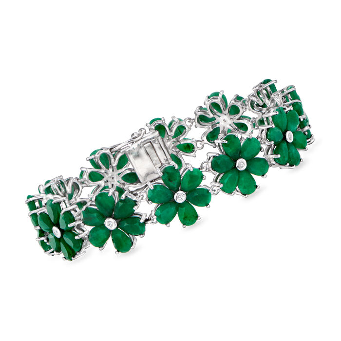 30.00 ct. t.w. Emerald and .10 ct. t.w. Diamond Flower Bracelet in Sterling Silver